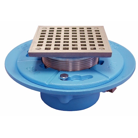 Jones Stephens 2in No Hub Code Blue Floor Drain, 7in Pan, 6in Nickel Bronze Square Strainer, Height 4in - 5-1/4in D65570